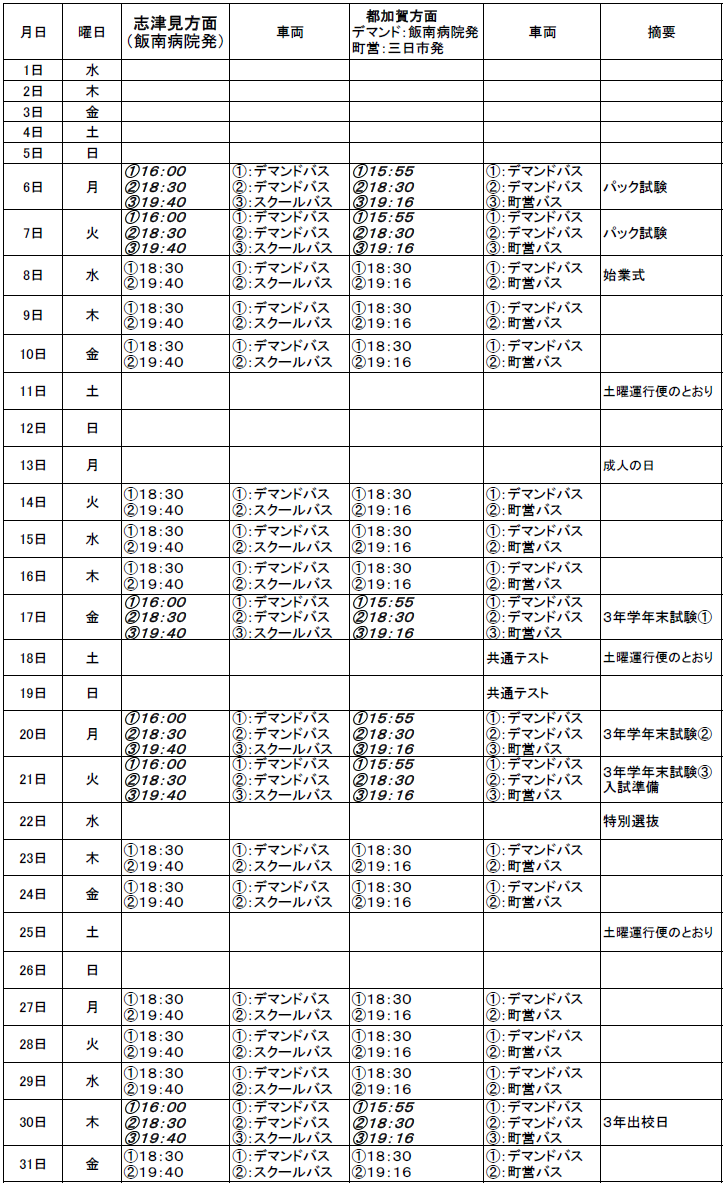 １月のスクールバス（志津見方面・都加賀方面　下校便）出発時刻