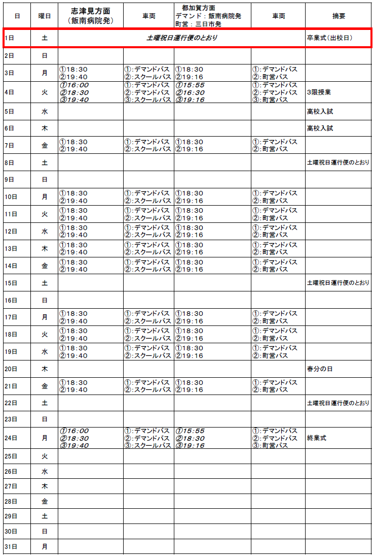 ３月のスクールバス（志津見方面・都加賀方面　下校便）出発時刻