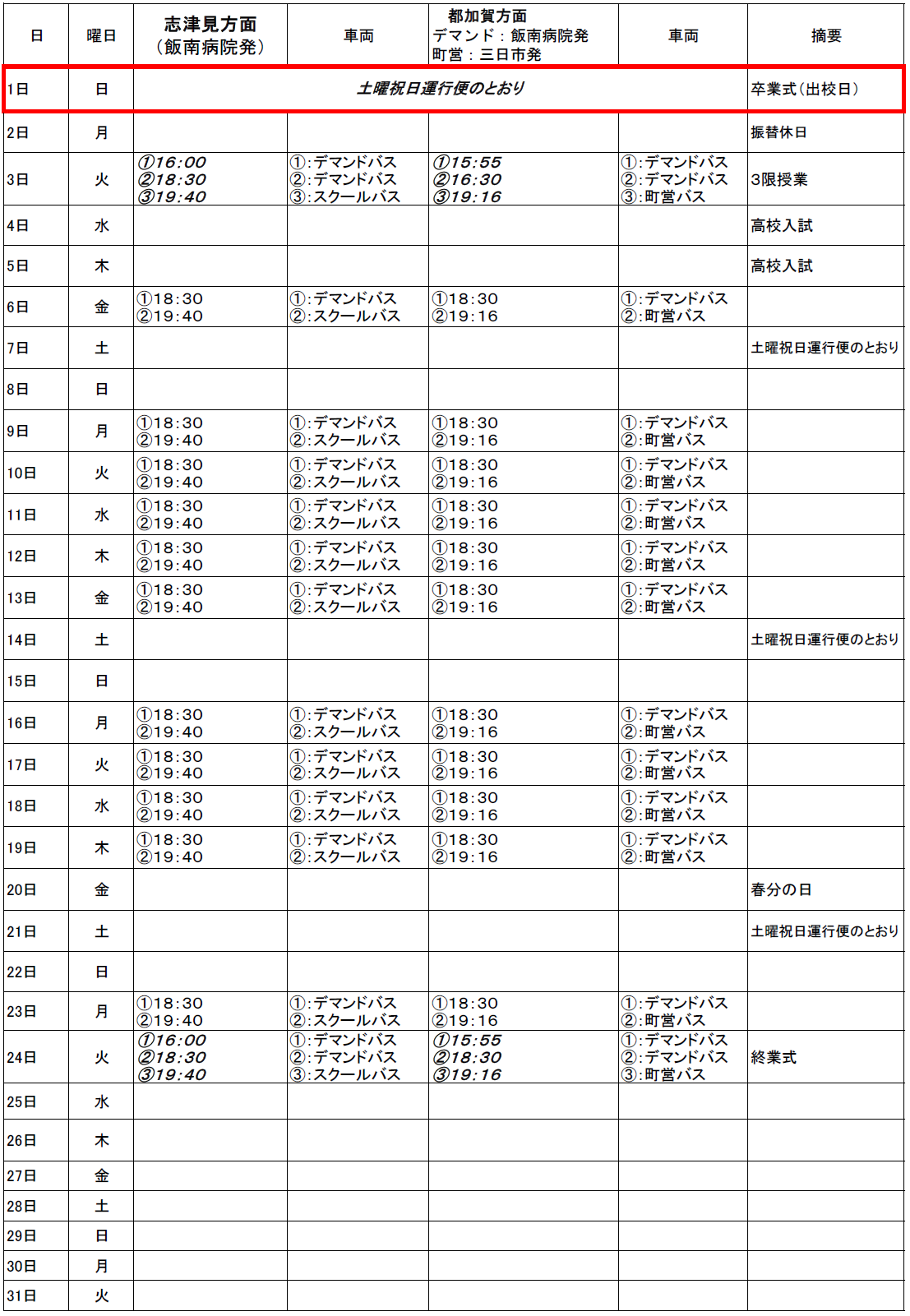 ３月のスクールバス（志津見方面・都加賀方面　下校便）出発時刻