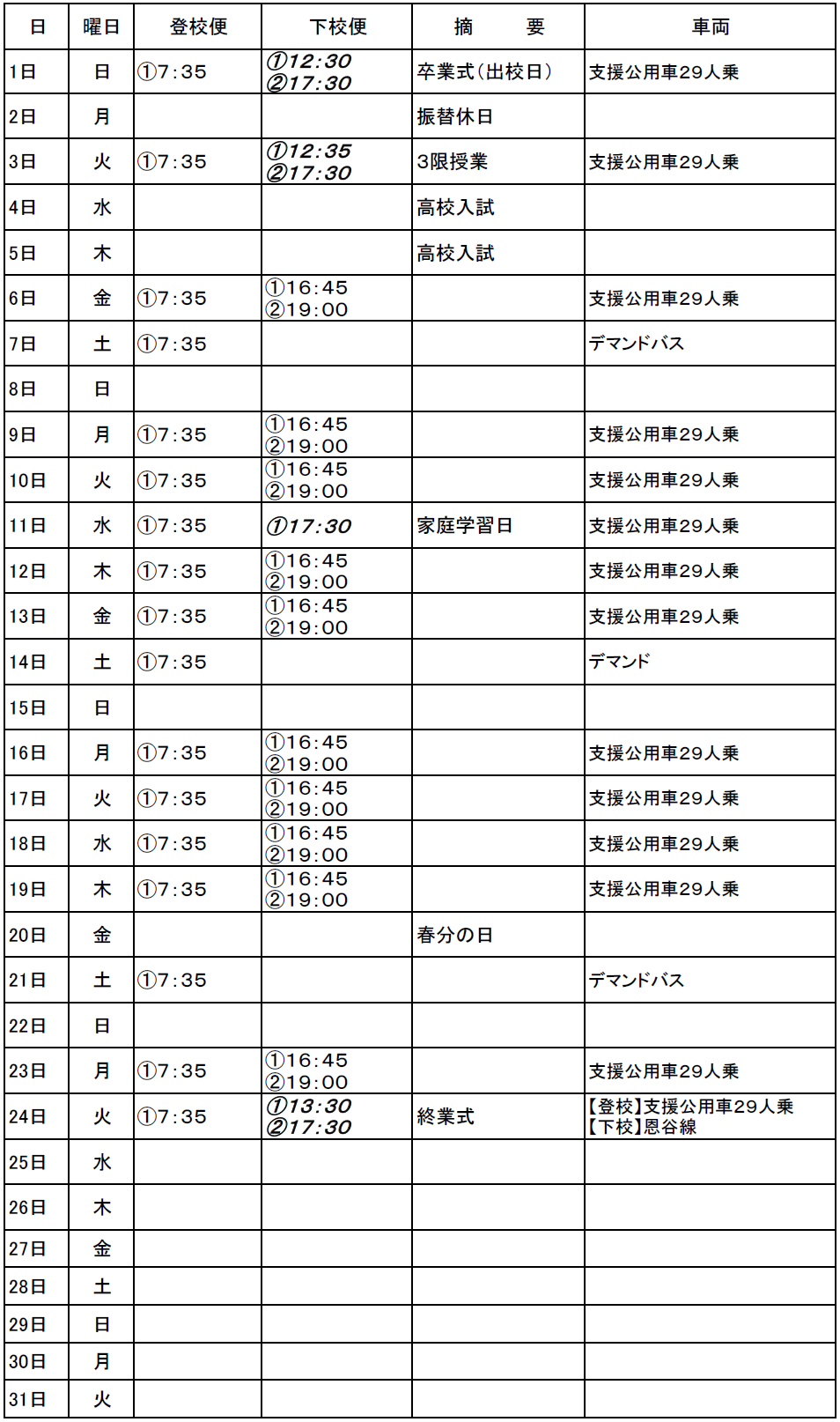３月のスクールバス（志学・邑智方面）